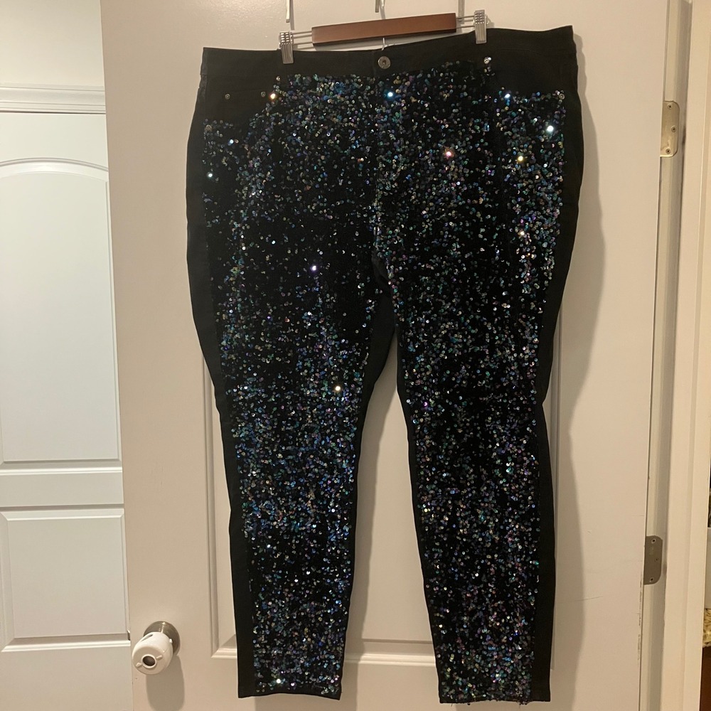 Ashley Stewart Black Iridescent Sequin Skinny Pants Plus Size 26 Party Holiday